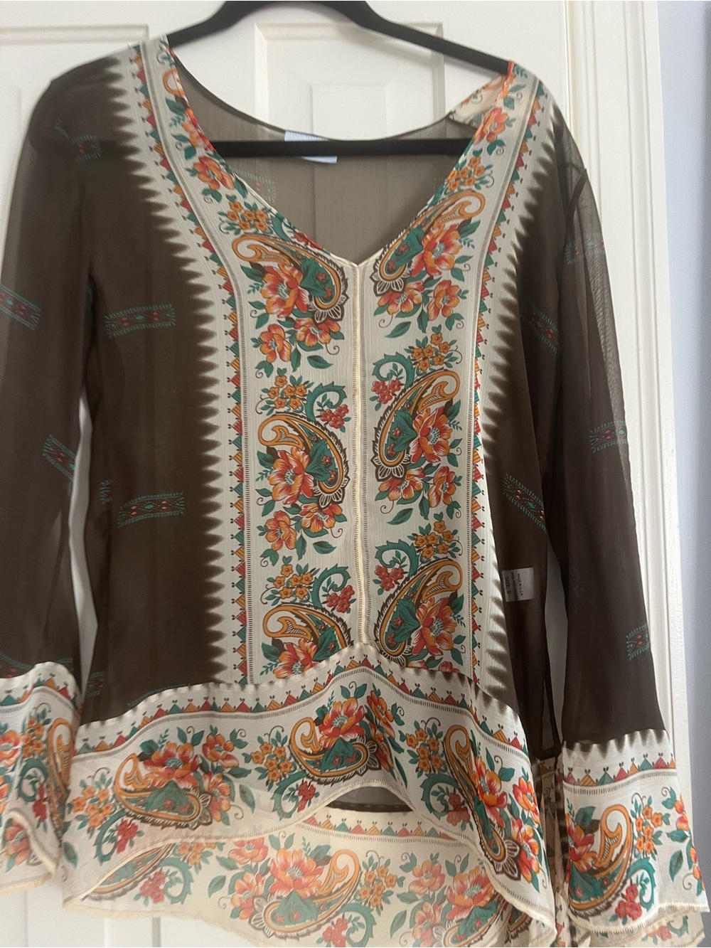 V-Neck Paisley Floral Tunic Top - Brown & Cream